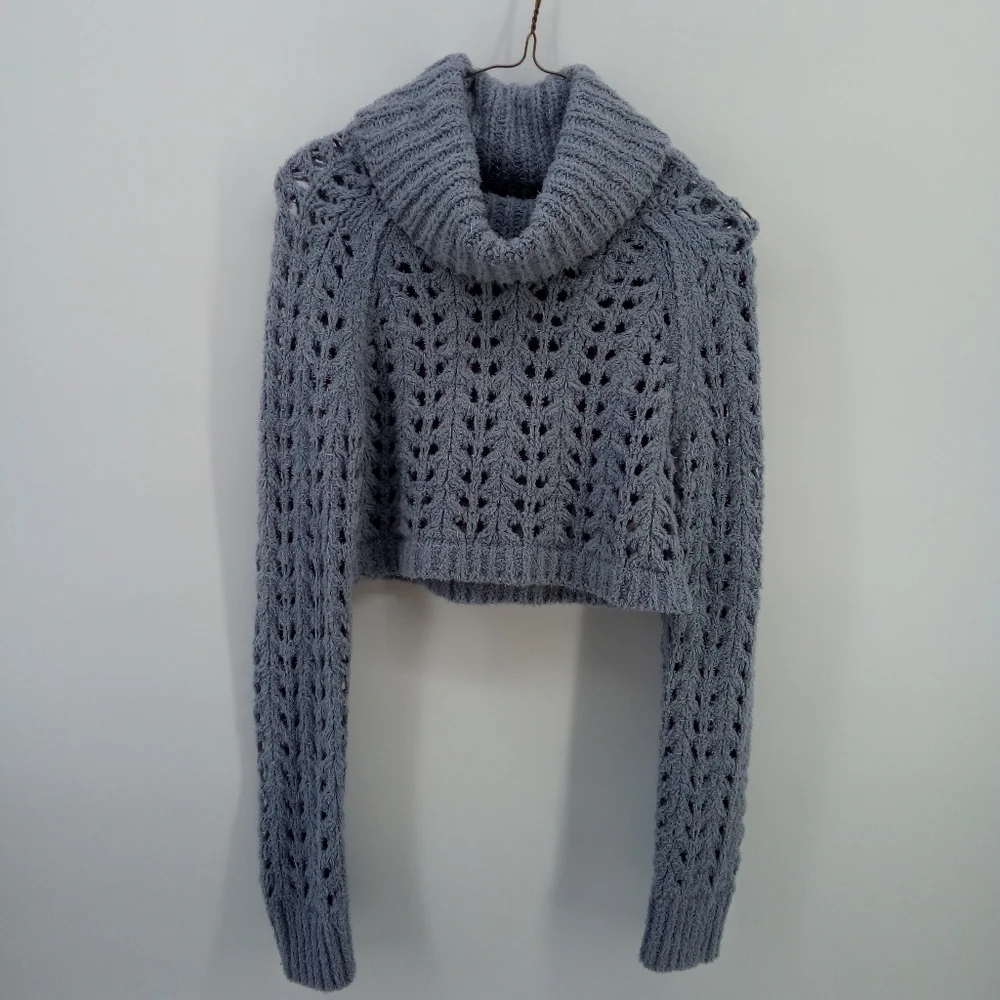 Free People Cropped Gray Open Knit Ribbed Cotton Blend Turtleneck XS